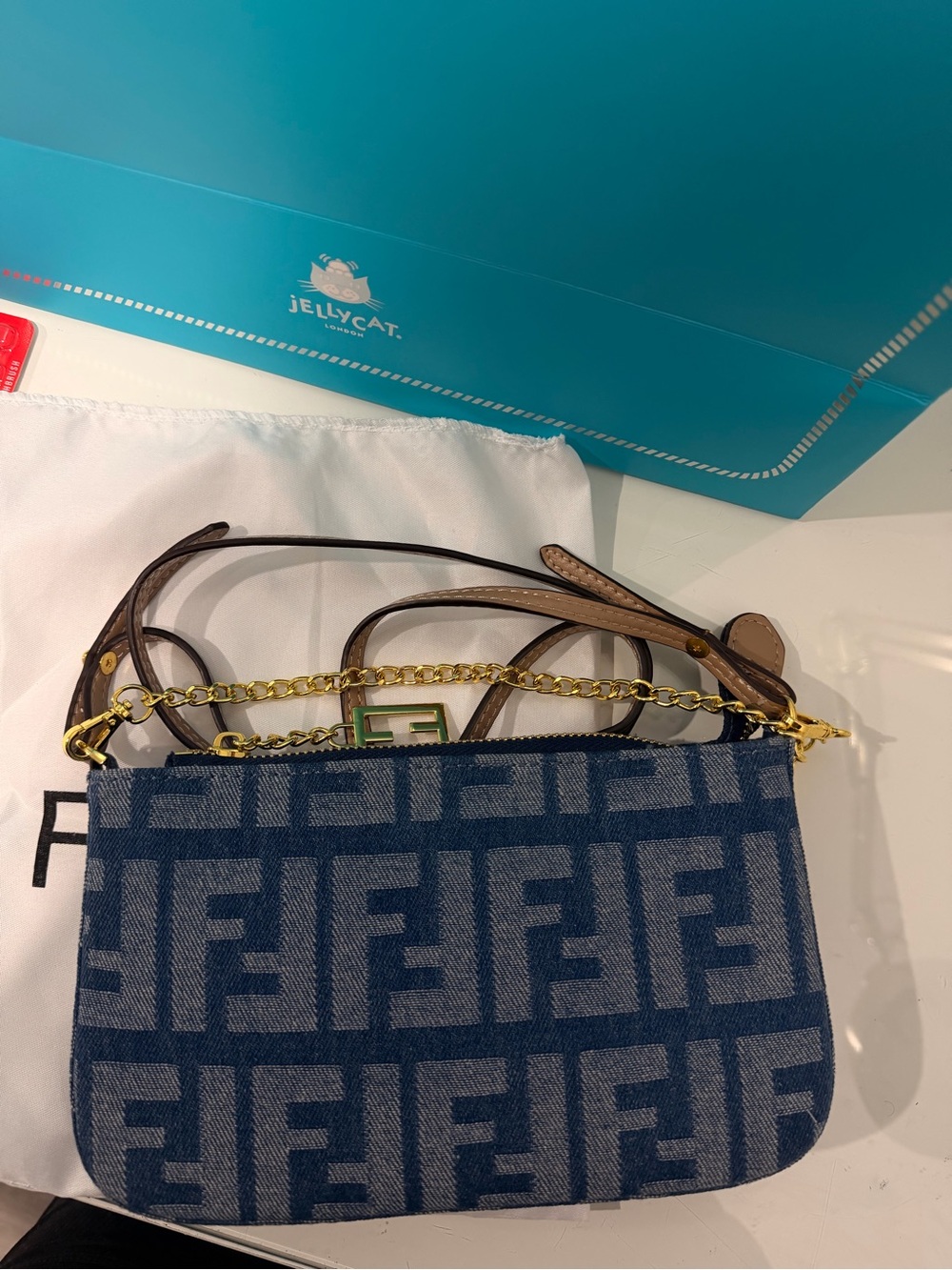 Fendi Navy FF Jacquard Mini Bag with Gold Chain